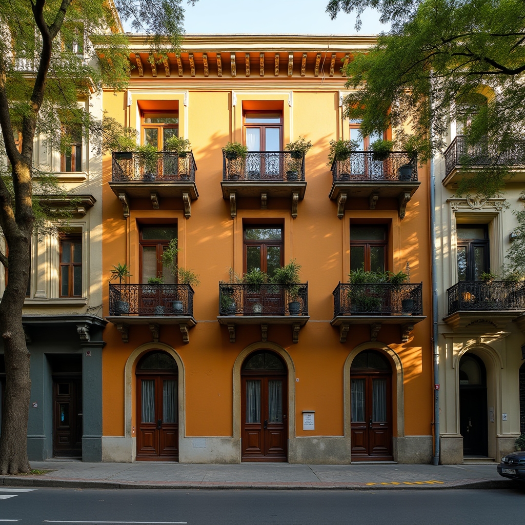 Typical Buenos Aires residential apartment building facade with balconies in afternoon light