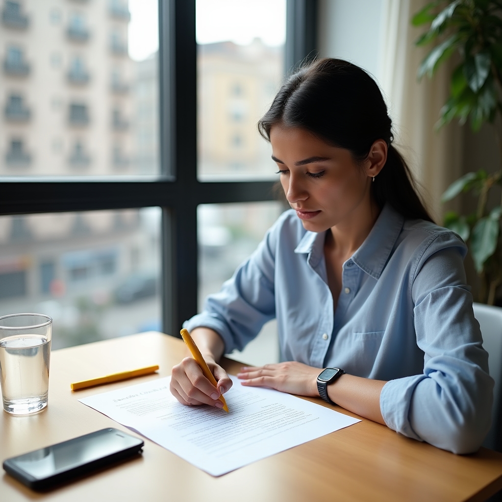 Young tenant carefully reading a rental contract at a desk with natural lighting